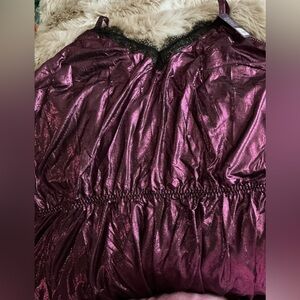 Purple Satin Chemise with Lace Trim and Blouson Waist Romper
